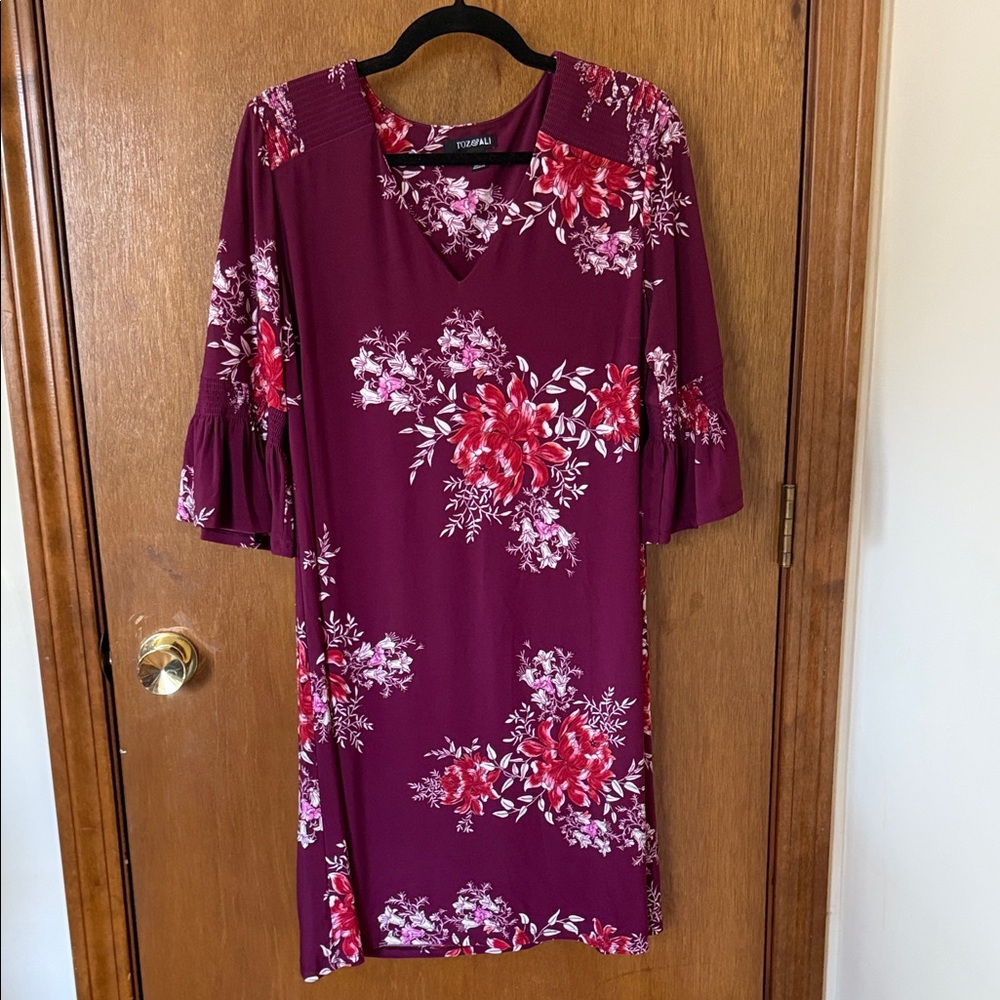 Roz & Ali Plum Floral V-Neck Dress with Pink & White Blooms
